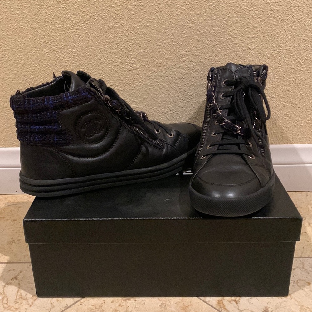 Chanel Black Tweed Hightop Sneakers